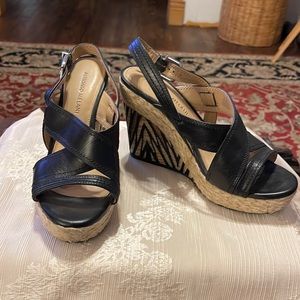 Antonio Melani black leather and hemp wedge open toe sandals 8.5m safari print